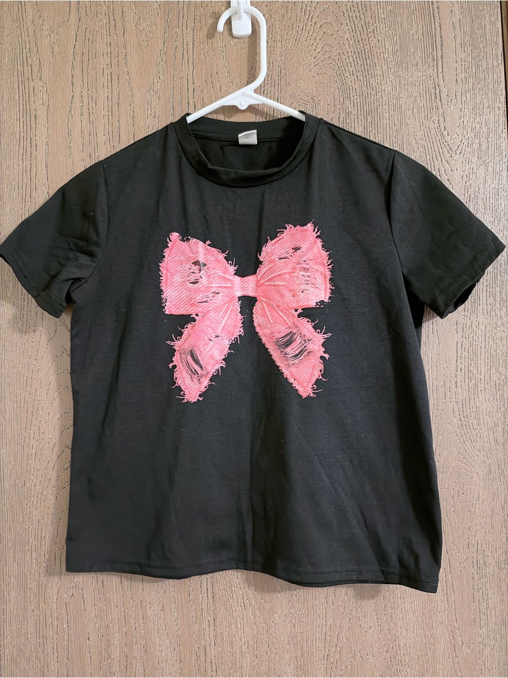 SHEIN Black Tee with Distressed Pink Bow Graphic